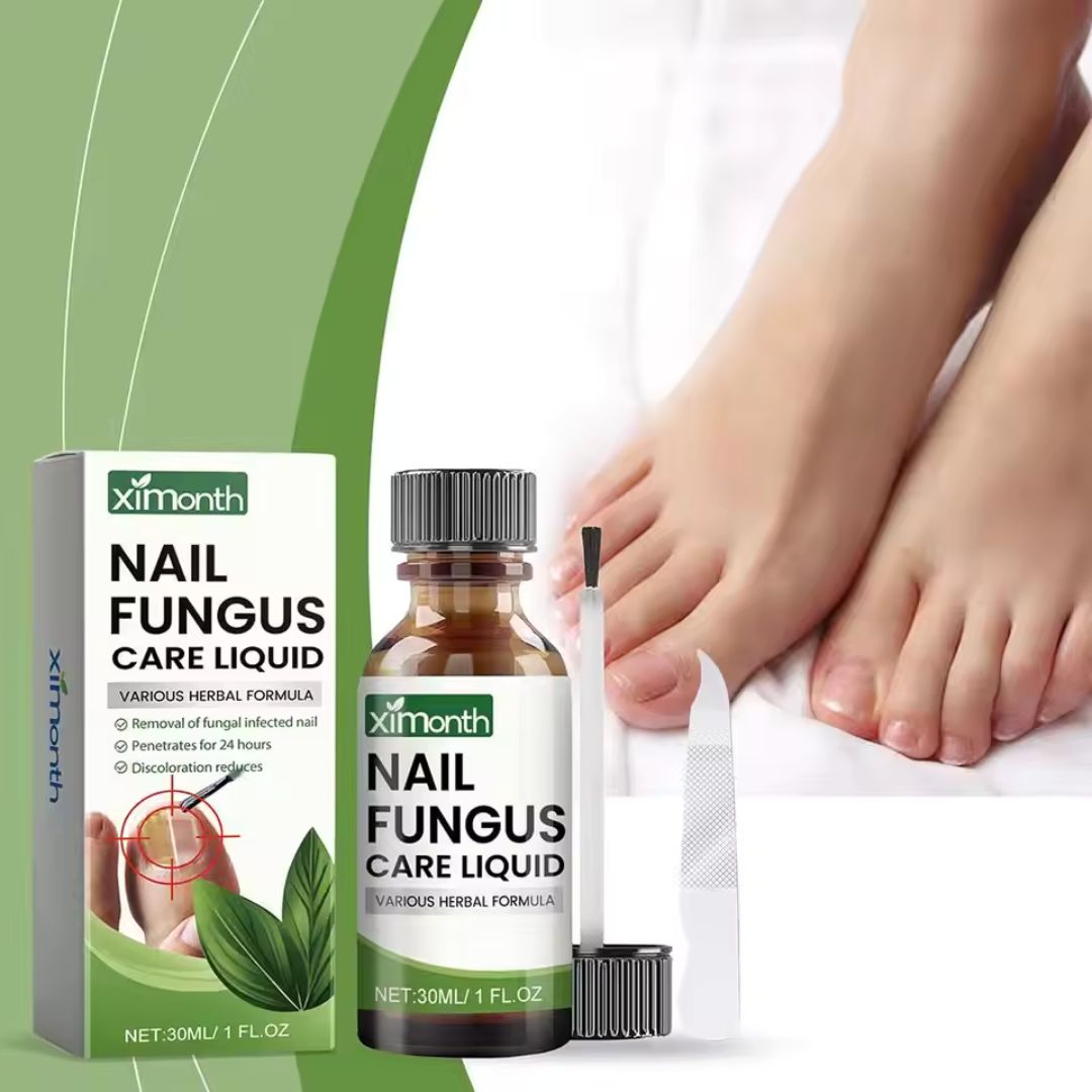 Bottle of clear serum with a brush applicator for treating toenail fungus