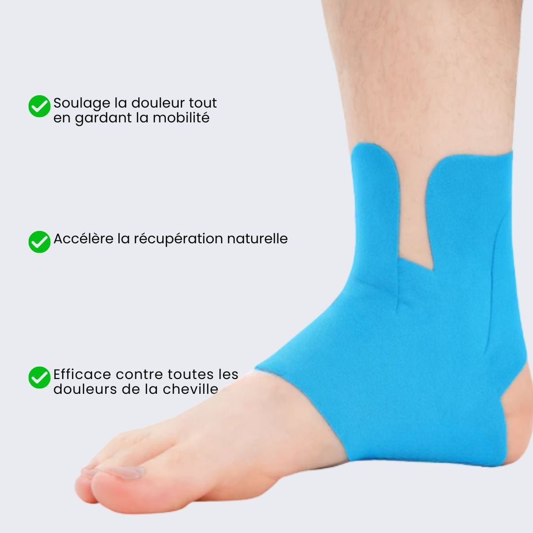 Blue fabric ankle strap fastened around the ankle for added stability
