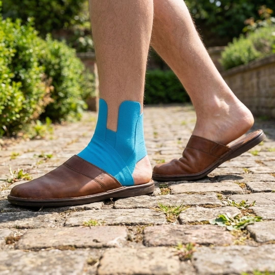 Blue fabric ankle strap fastened around the ankle for added stability