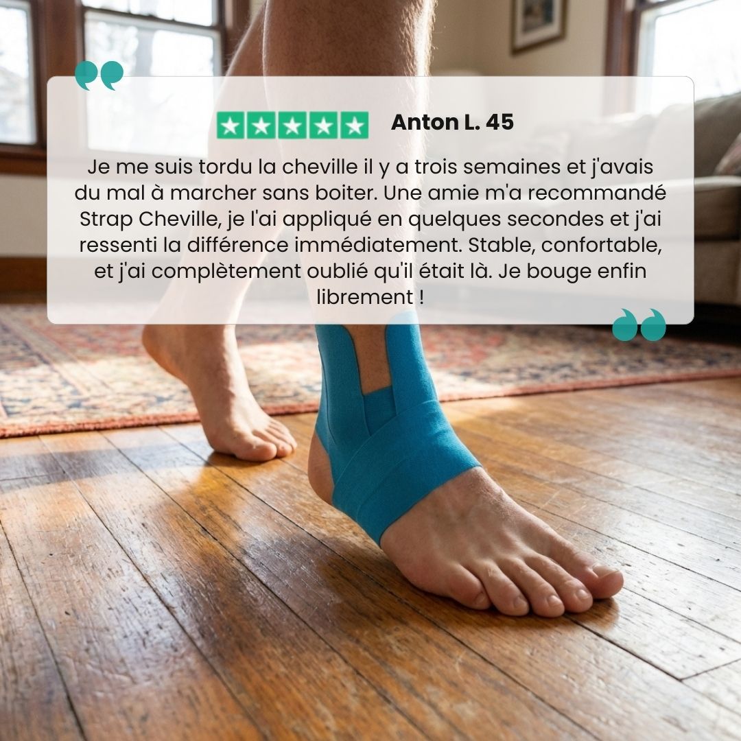 Blue fabric ankle strap fastened around the ankle for added stability