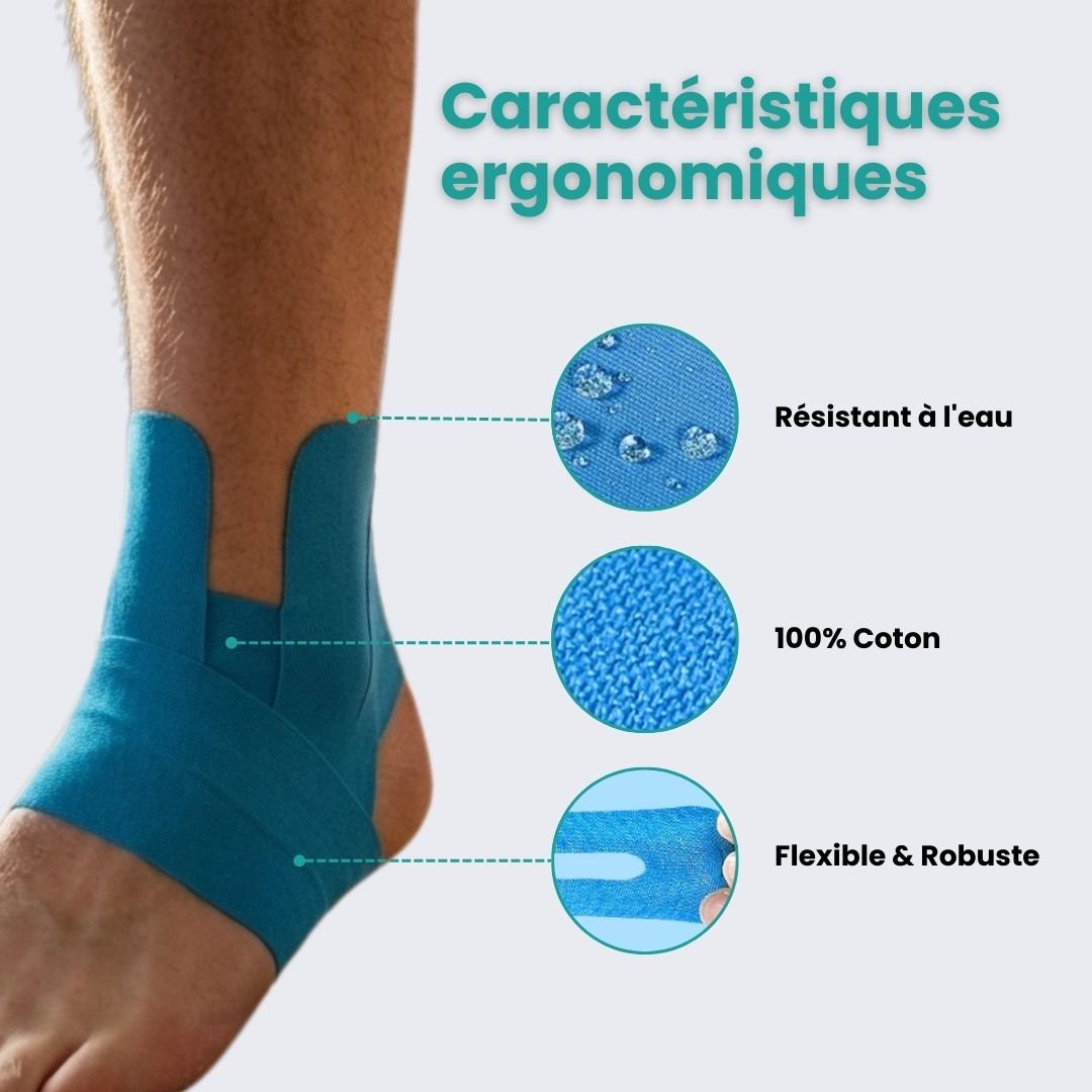 Blue fabric ankle strap fastened around the ankle for added stability
