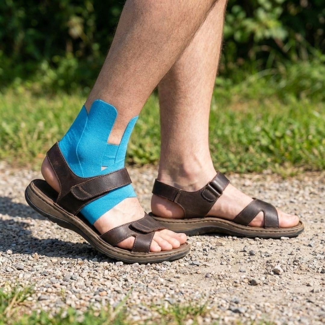Blue fabric ankle strap fastened around the ankle for added stability