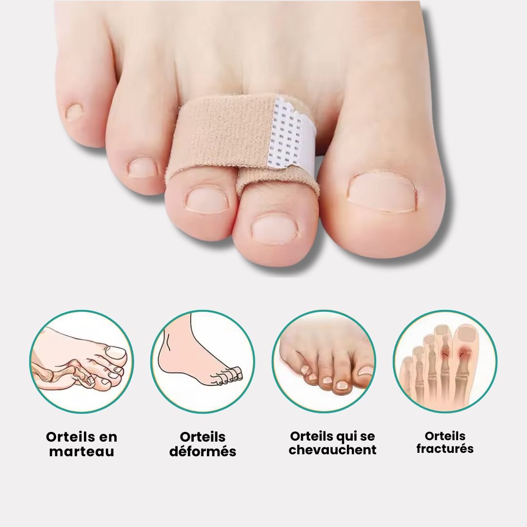 Fabric strap looped around the toes and forefoot to straighten a claw toe