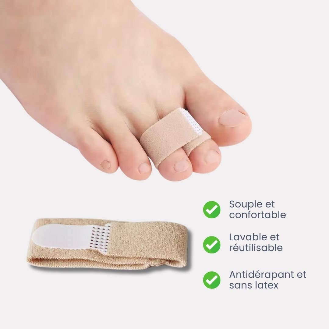 Fabric strap looped around the toes and forefoot to straighten a claw toe