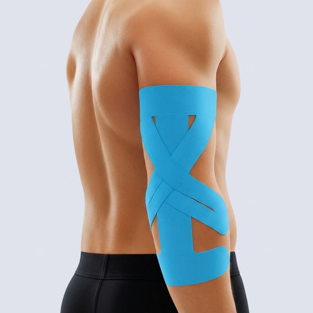 Set of elastic elbow straps worn just below the joint, in blue, black and khaki