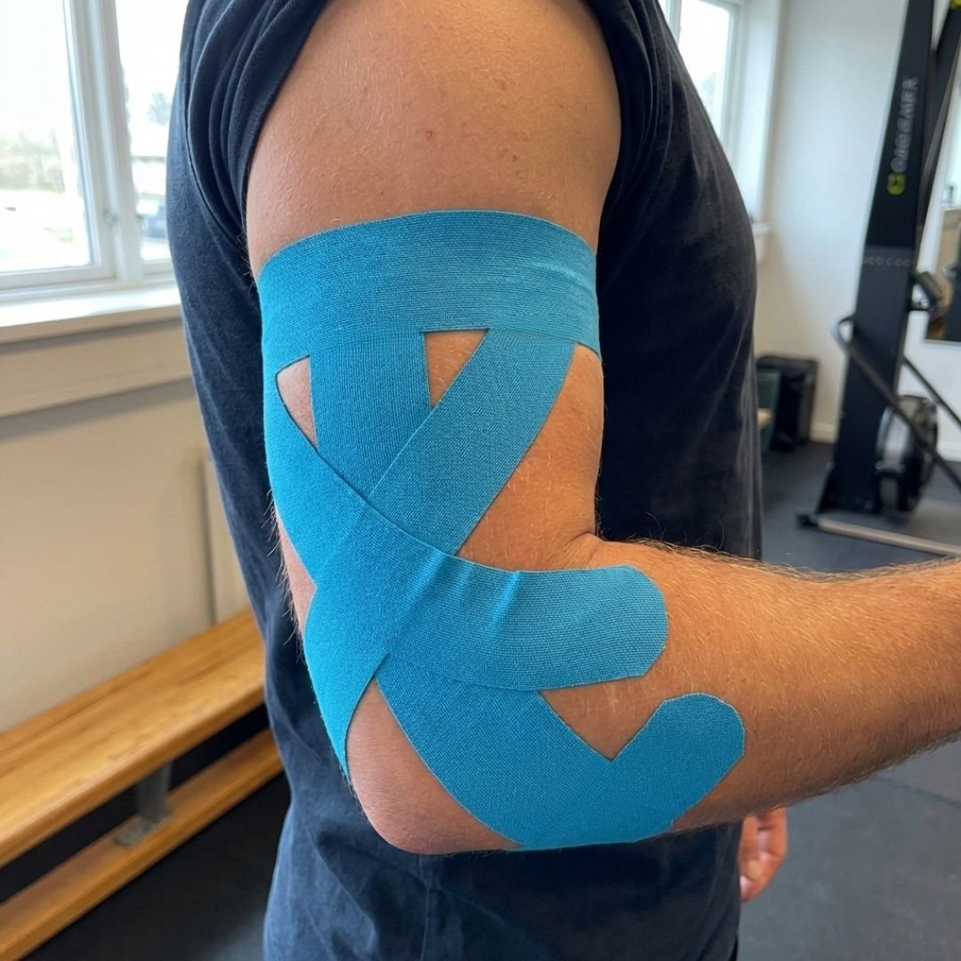 Set of elastic elbow straps worn just below the joint, in blue, black and khaki