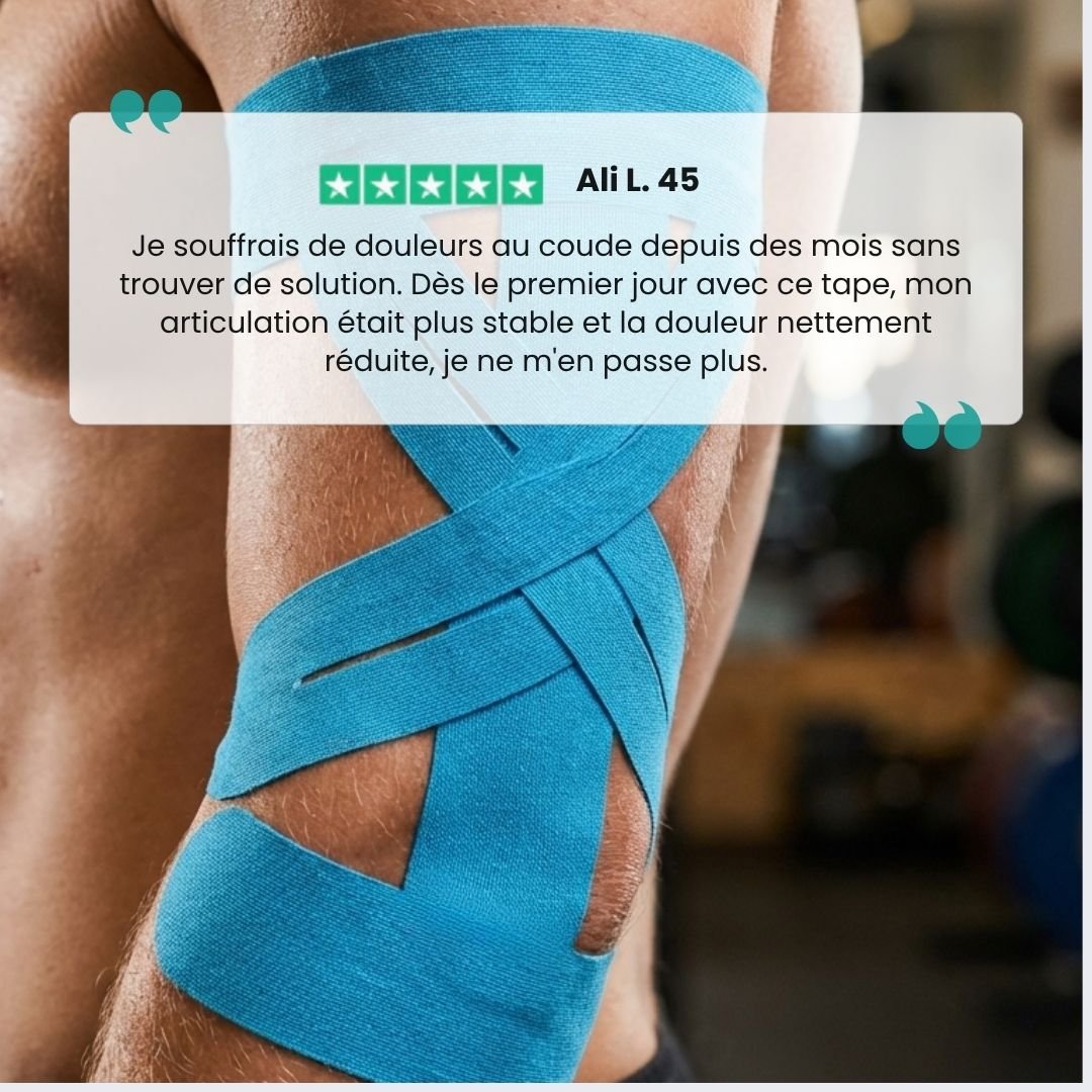 Set of elastic elbow straps worn just below the joint, in blue, black and khaki