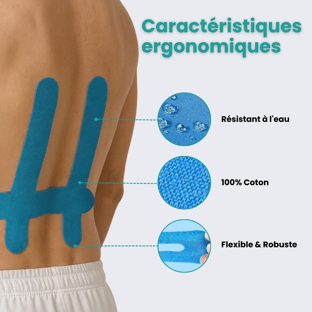 Strips of elastic back support tape in blue, khaki and black, applied across the lower back