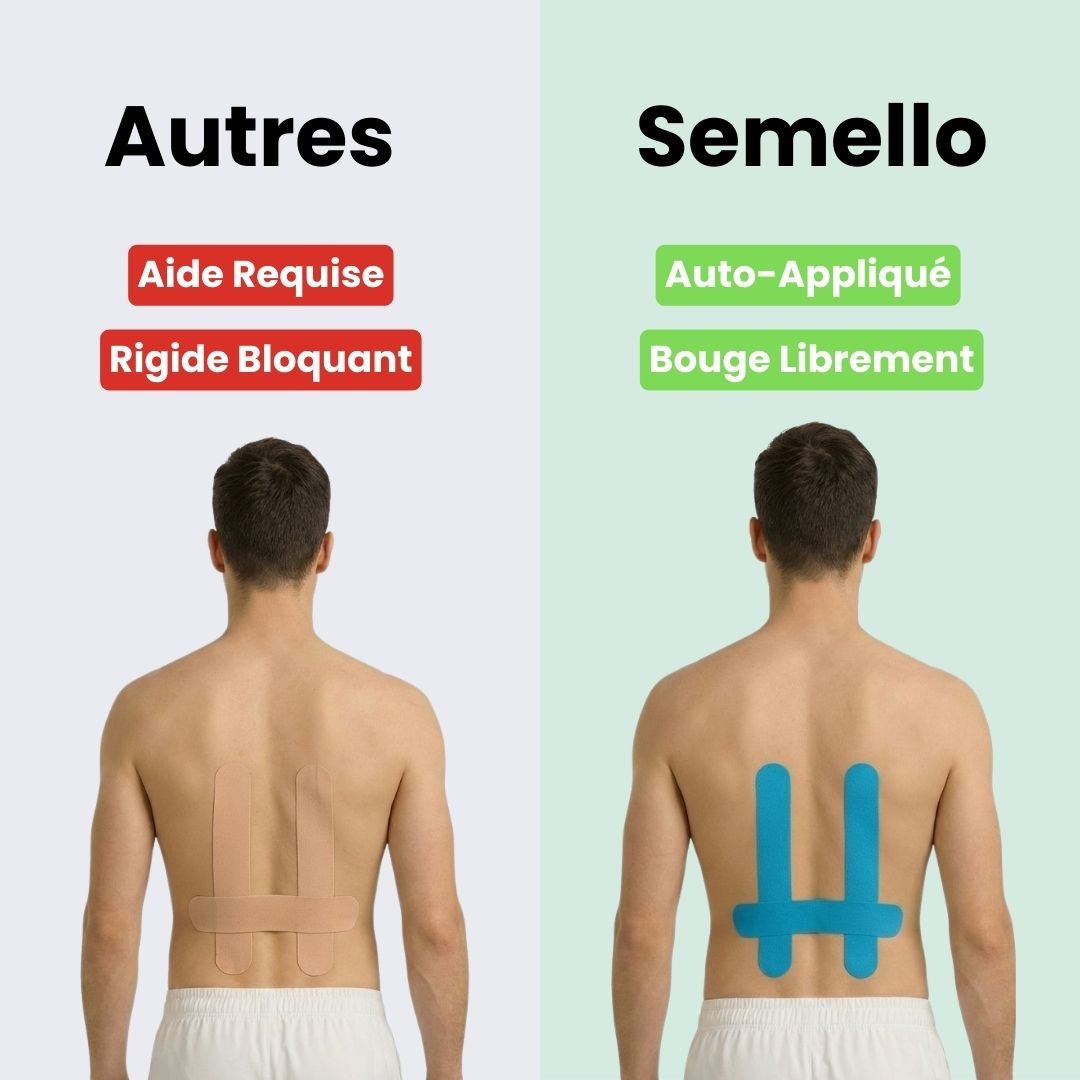 Strips of elastic back support tape in blue, khaki and black, applied across the lower back