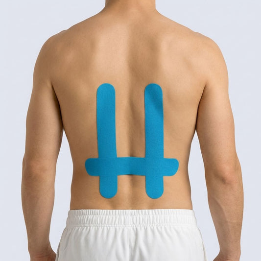 Strips of elastic back support tape in blue, khaki and black, applied across the lower back