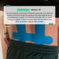 Strips of elastic back support tape in blue, khaki and black, applied across the lower back