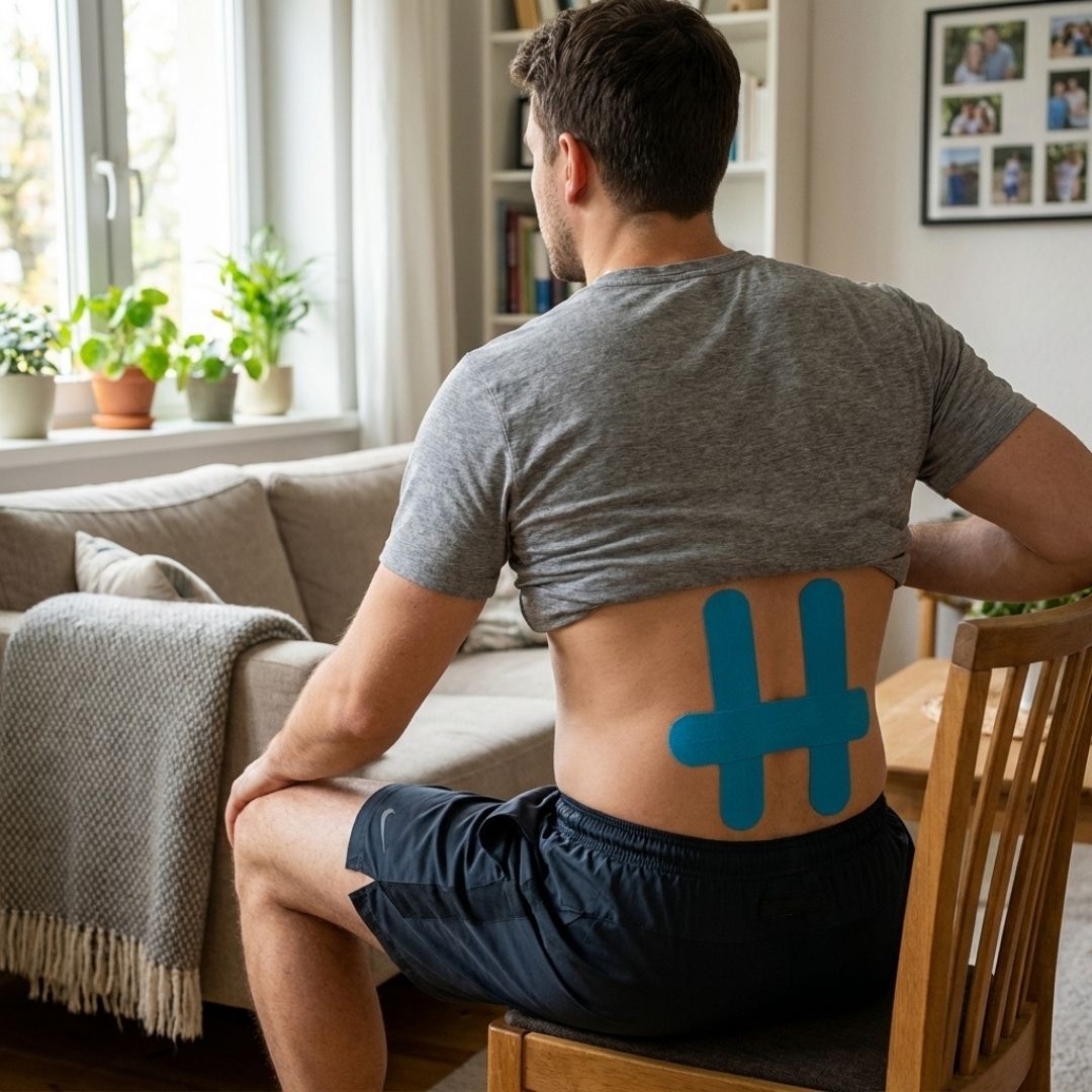 Strips of elastic back support tape in blue, khaki and black, applied across the lower back