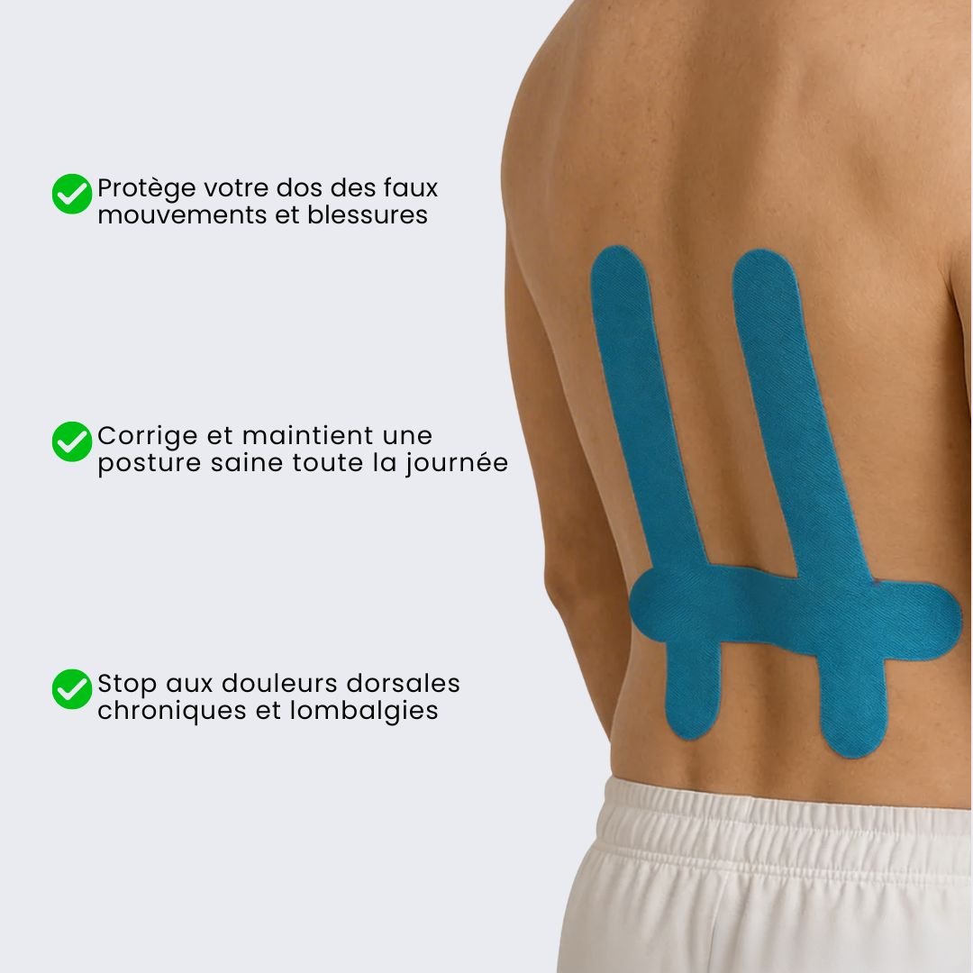Strips of elastic back support tape in blue, khaki and black, applied across the lower back