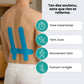 Strips of elastic back support tape in blue, khaki and black, applied across the lower back