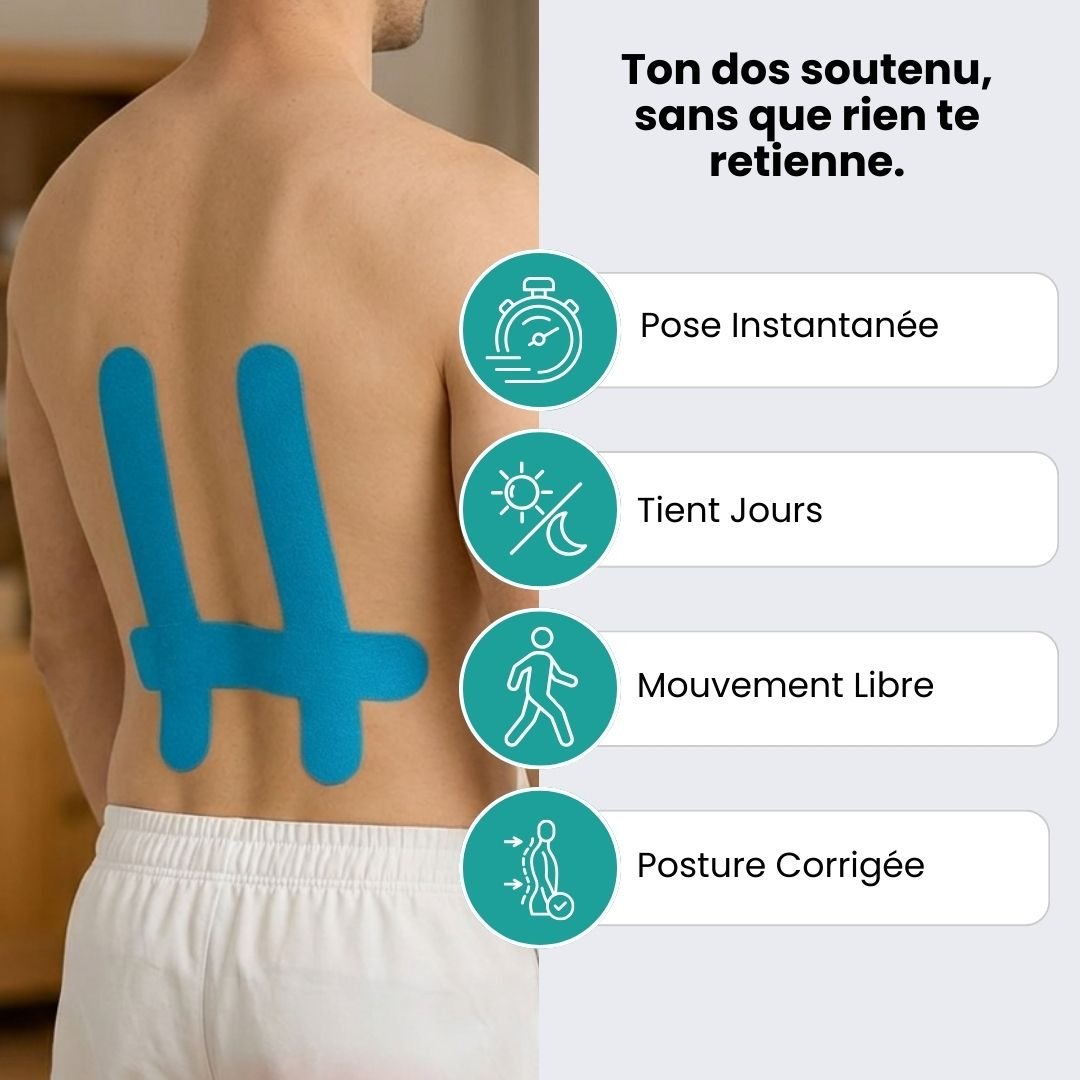 Strips of elastic back support tape in blue, khaki and black, applied across the lower back