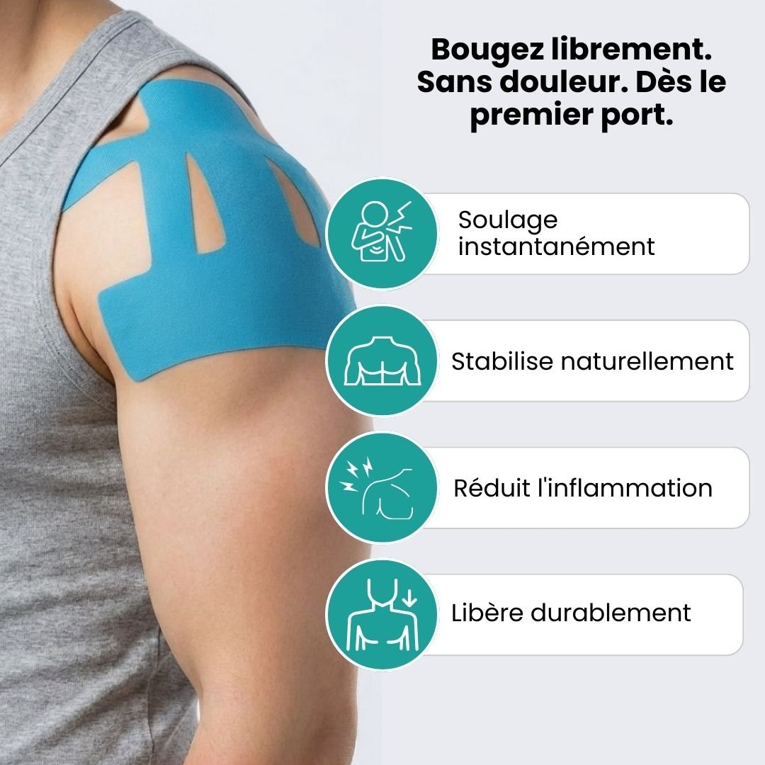 Blue, khaki and black elastic support strips applied across the shoulder for compression