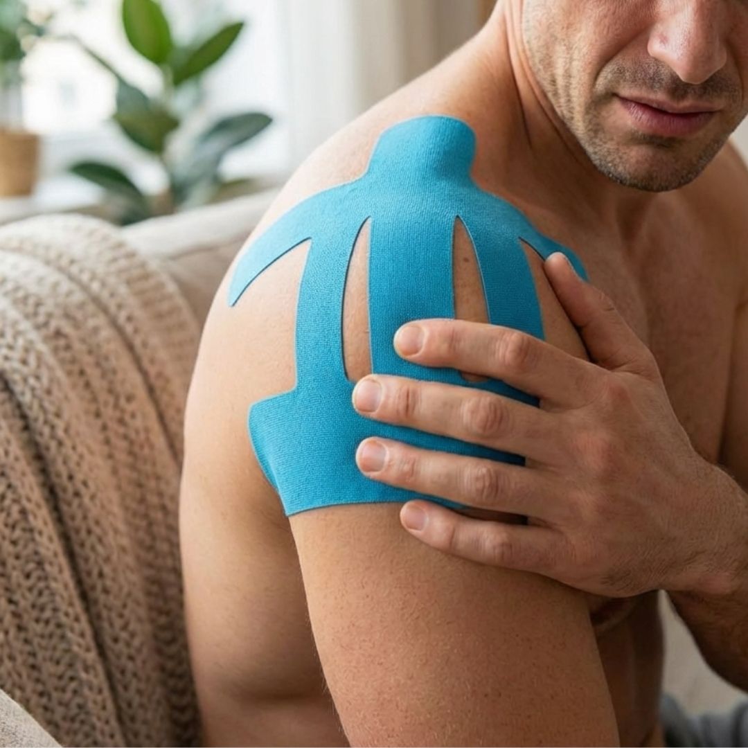 Blue, khaki and black elastic support strips applied across the shoulder for compression