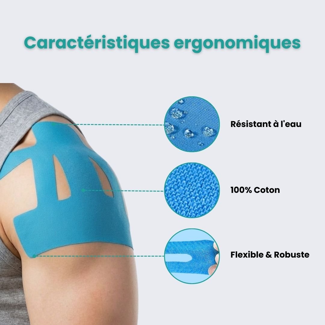 Blue, khaki and black elastic support strips applied across the shoulder for compression