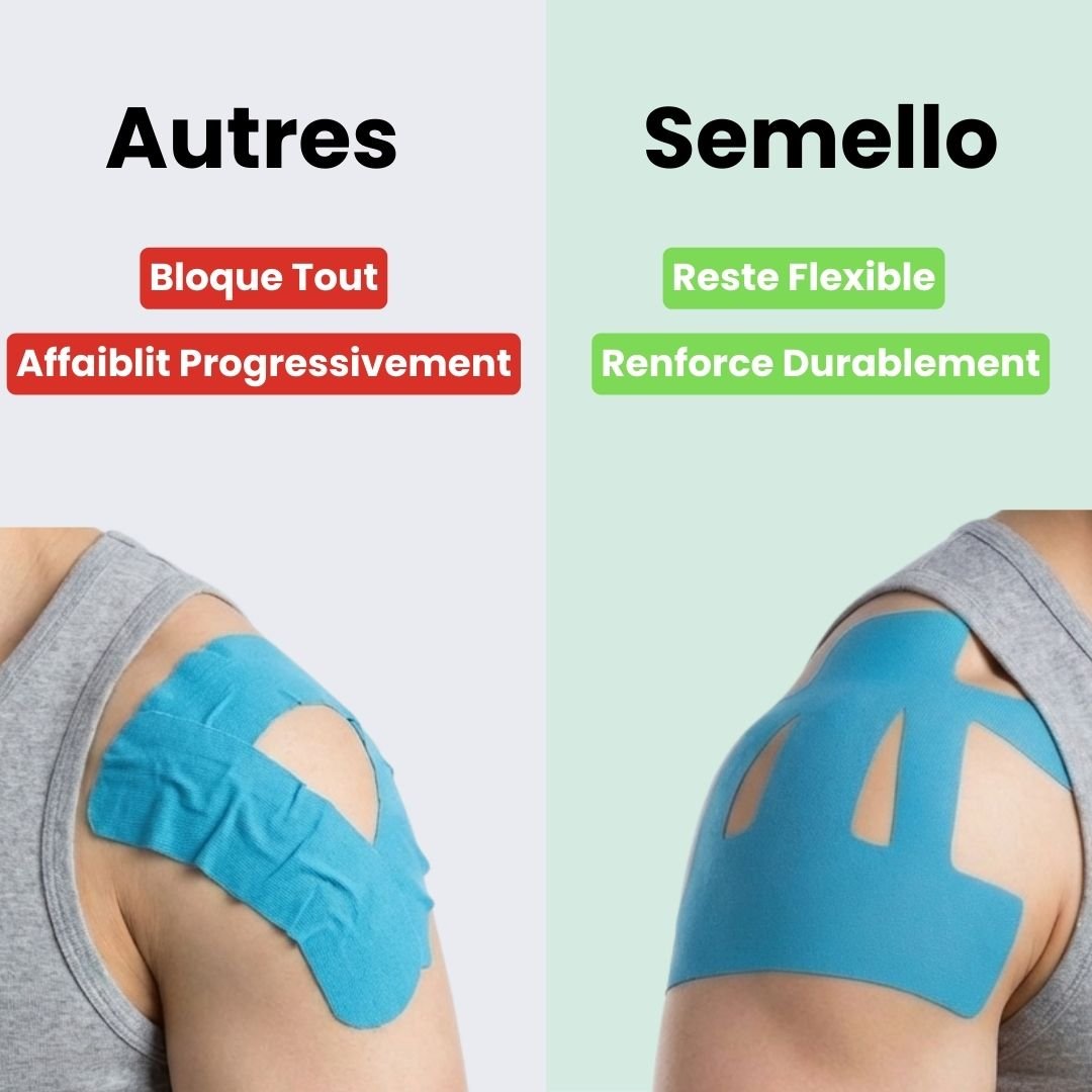 Blue, khaki and black elastic support strips applied across the shoulder for compression