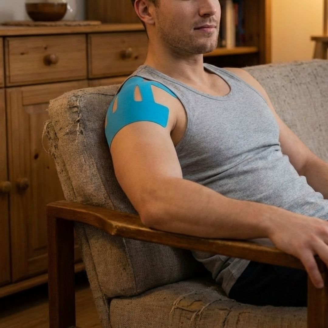 Blue, khaki and black elastic support strips applied across the shoulder for compression