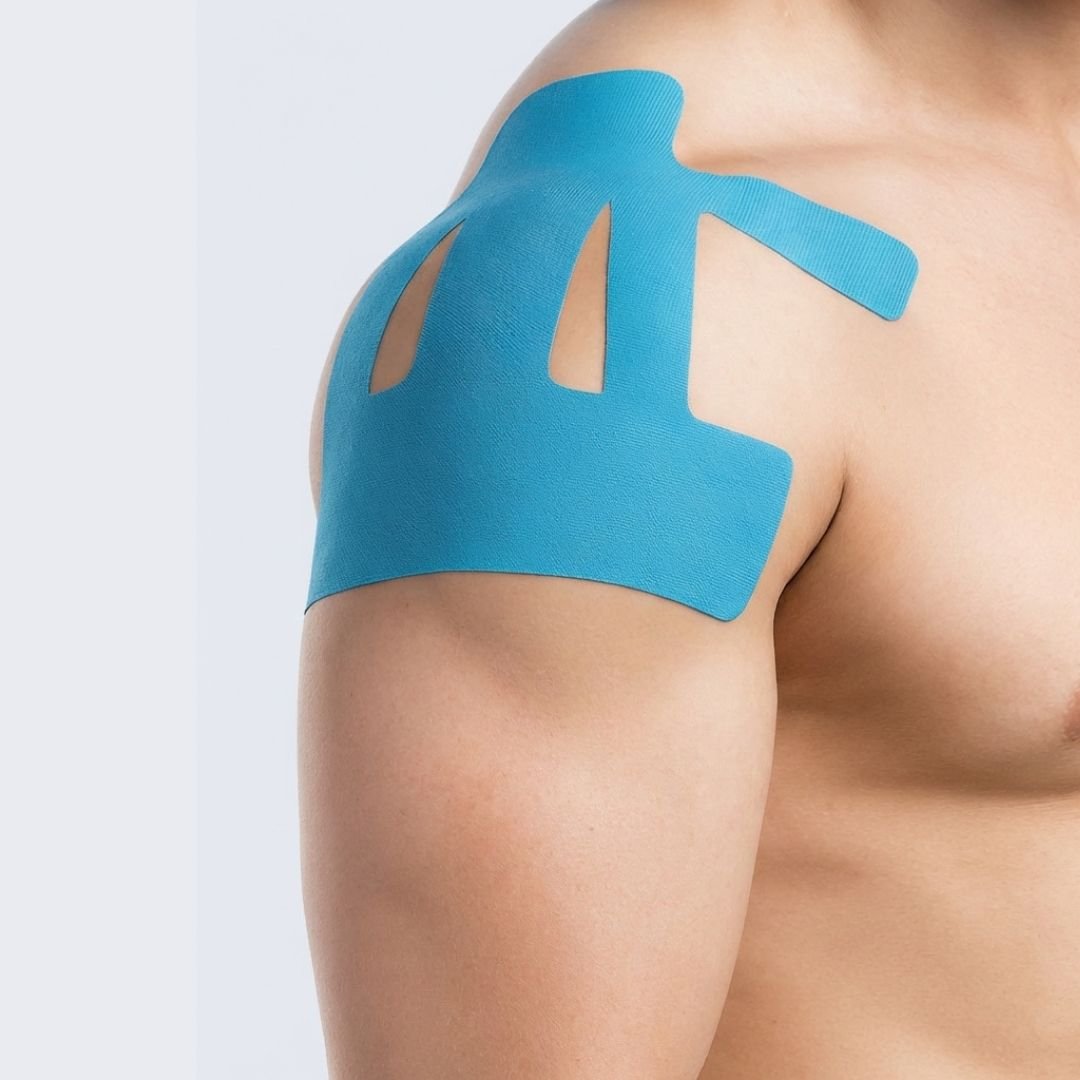 Blue, khaki and black elastic support strips applied across the shoulder for compression
