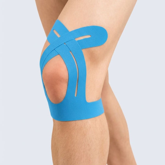 Strips of elastic support tape applied across the knee, in blue, khaki and pink