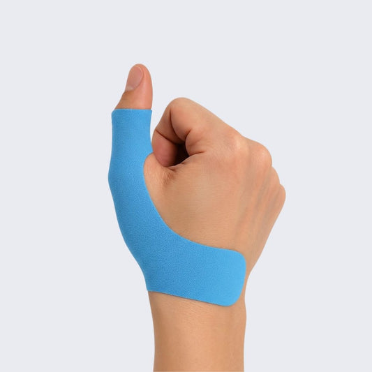 Blue support strips taped around the thumb and the base of the hand