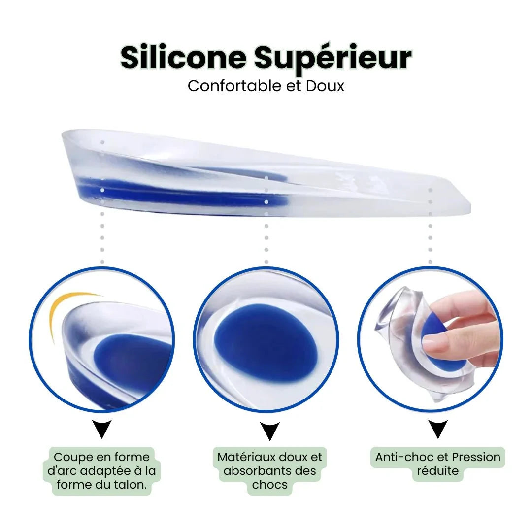 Silicone heel cups that sit under the heel to absorb shock inside a shoe