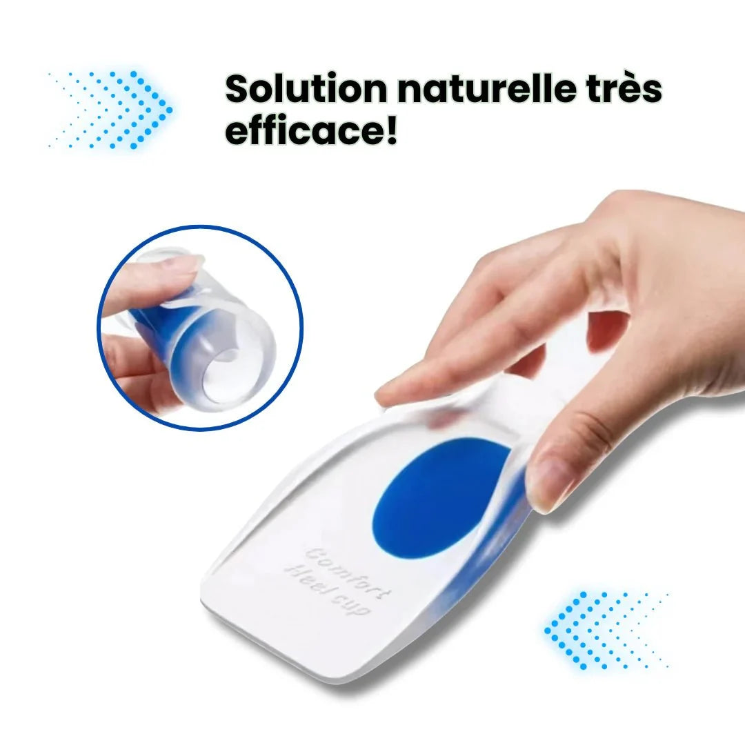 Silicone heel cups that sit under the heel to absorb shock inside a shoe