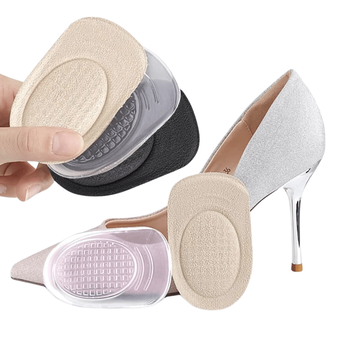 Clear padded cushions lining the heel of a shoe with a non-slip grip