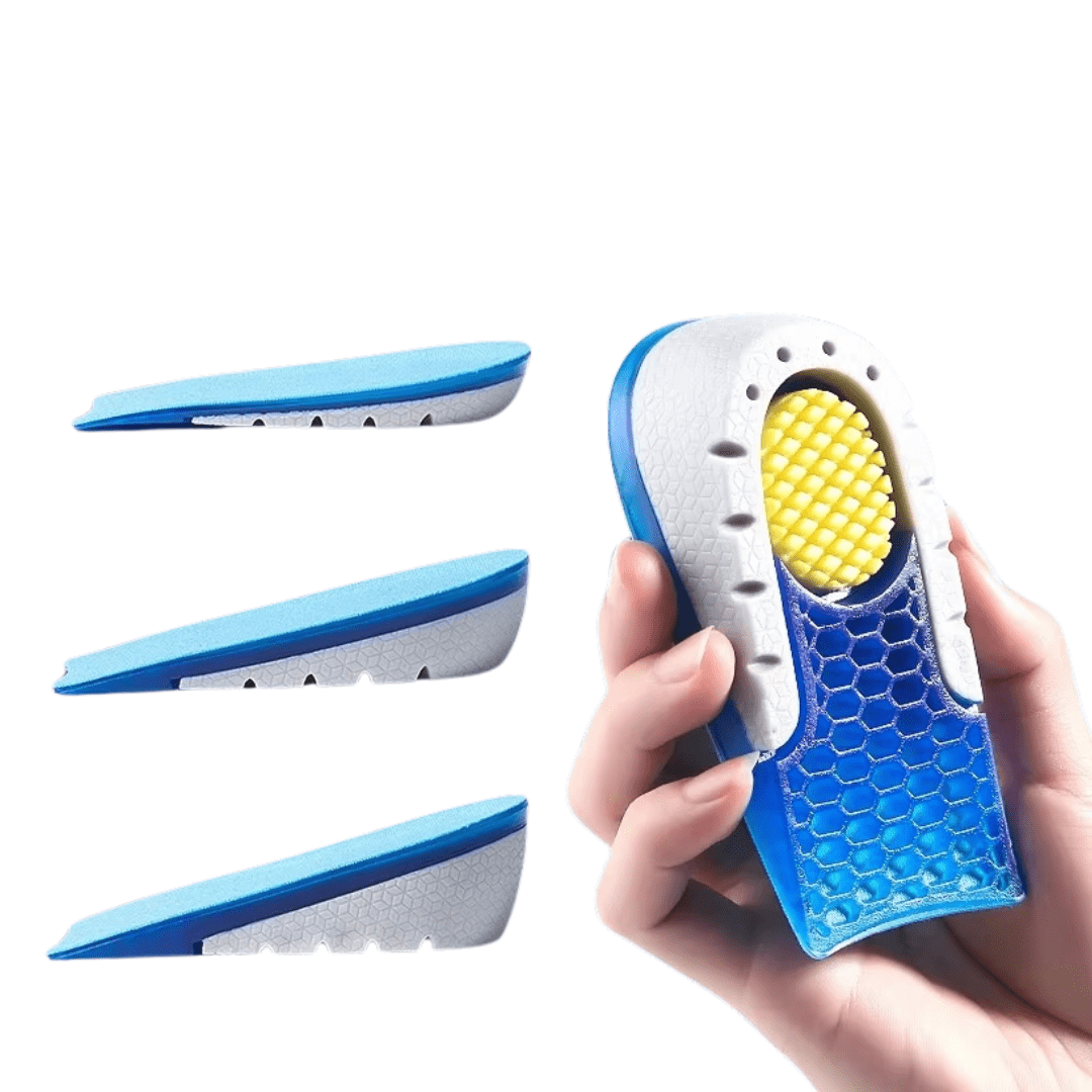 Pair of gel heel lifts placed under the heel inside the shoe to add height