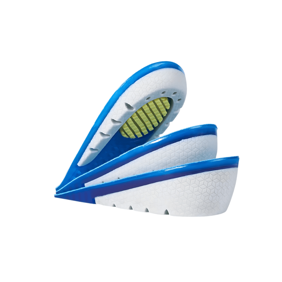 Pair of gel heel lifts placed under the heel inside the shoe to add height