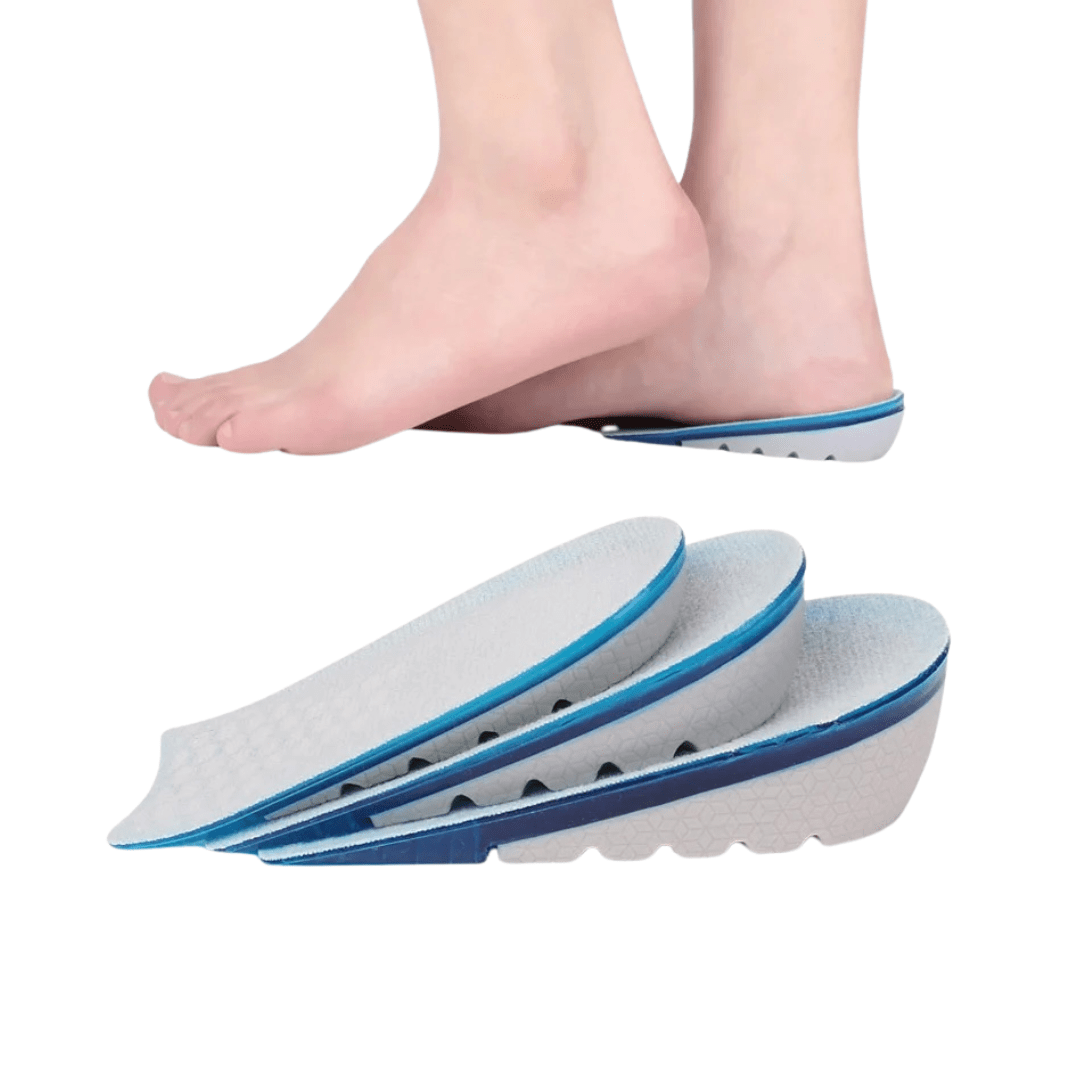 Pair of gel heel lifts placed under the heel inside the shoe to add height