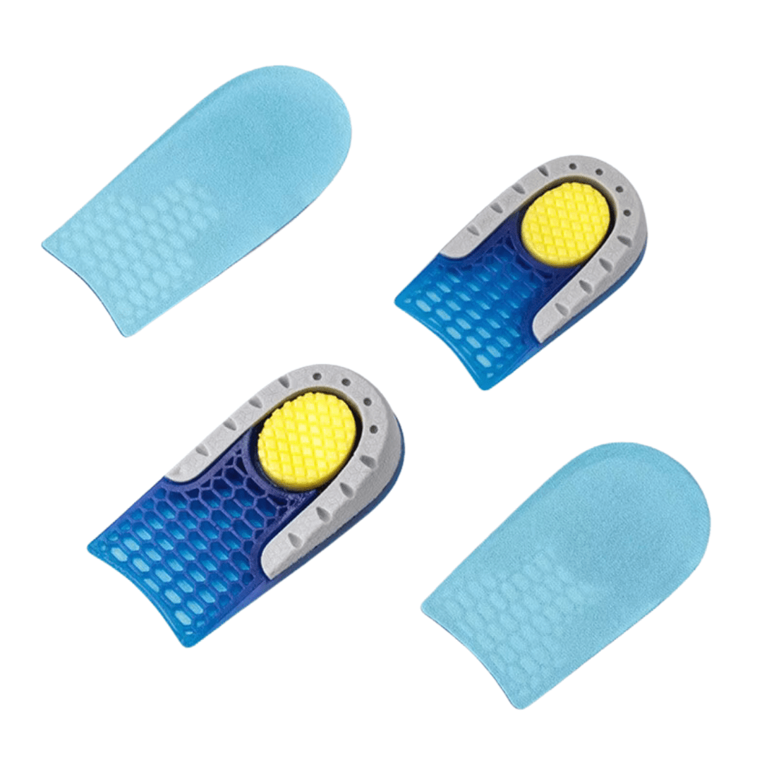 Pair of gel heel lifts placed under the heel inside the shoe to add height