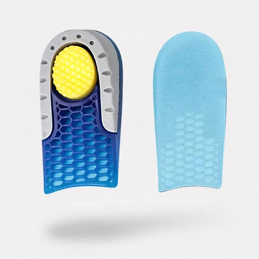 Pair of gel heel lifts placed under the heel inside the shoe to add height