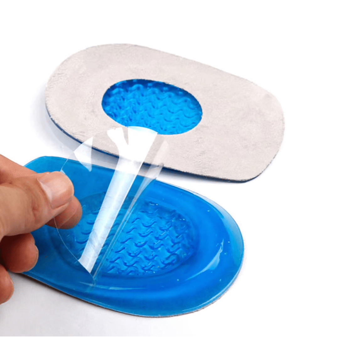 Shock-absorbing gel heel cups placed under the heel to ease Achilles tendon pain