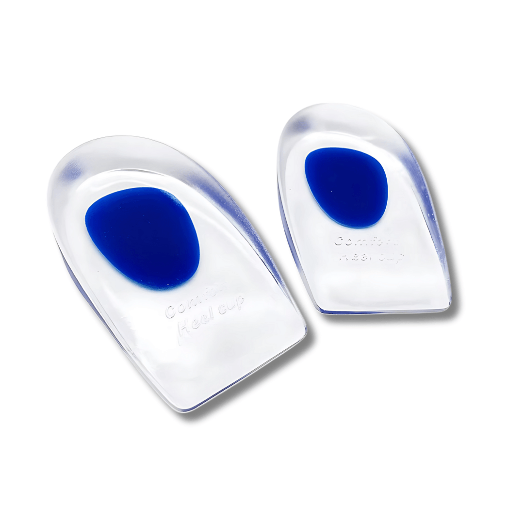 Silicone heel cups that sit under the heel to absorb shock inside a shoe