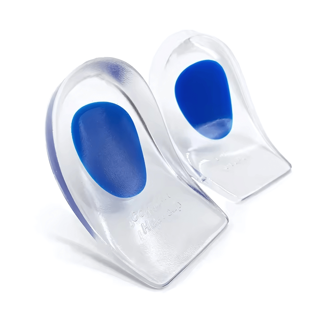 Silicone heel cups that sit under the heel to absorb shock inside a shoe