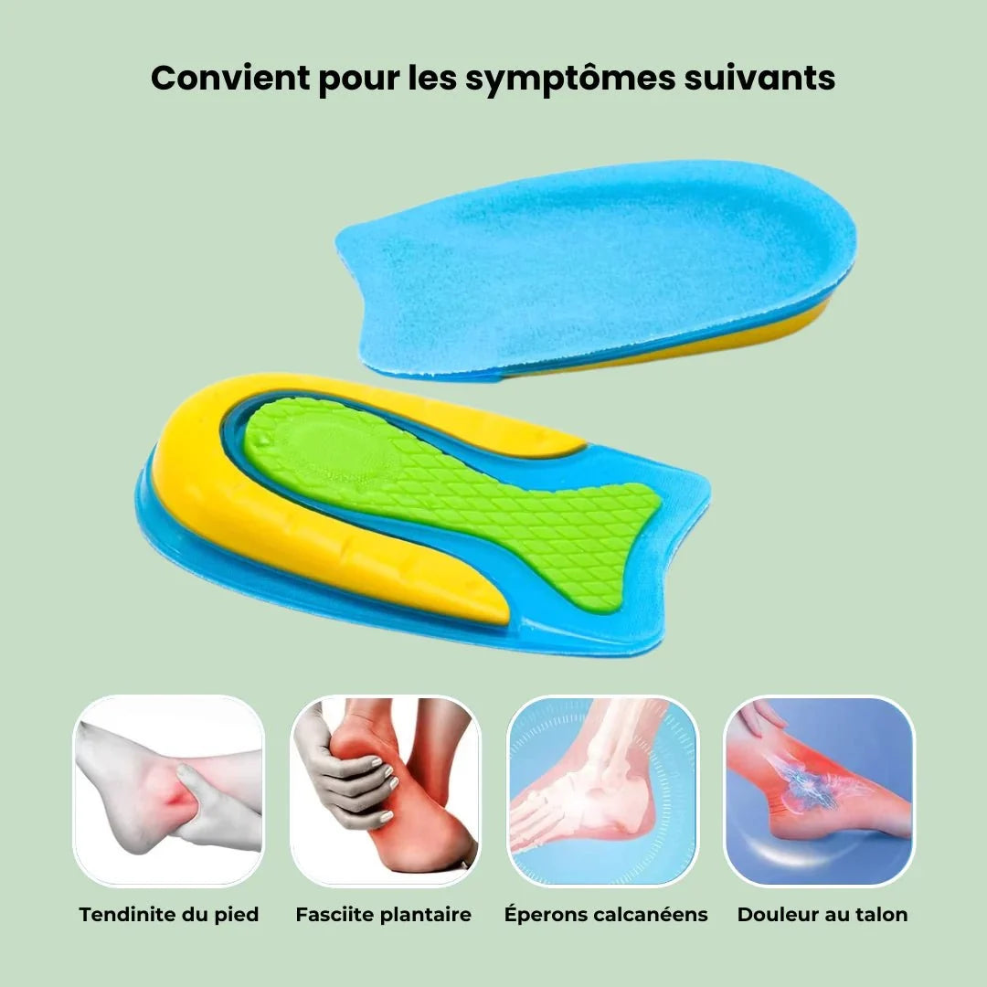 Pair of U-shaped gel heel cups that cradle the heel inside any shoe