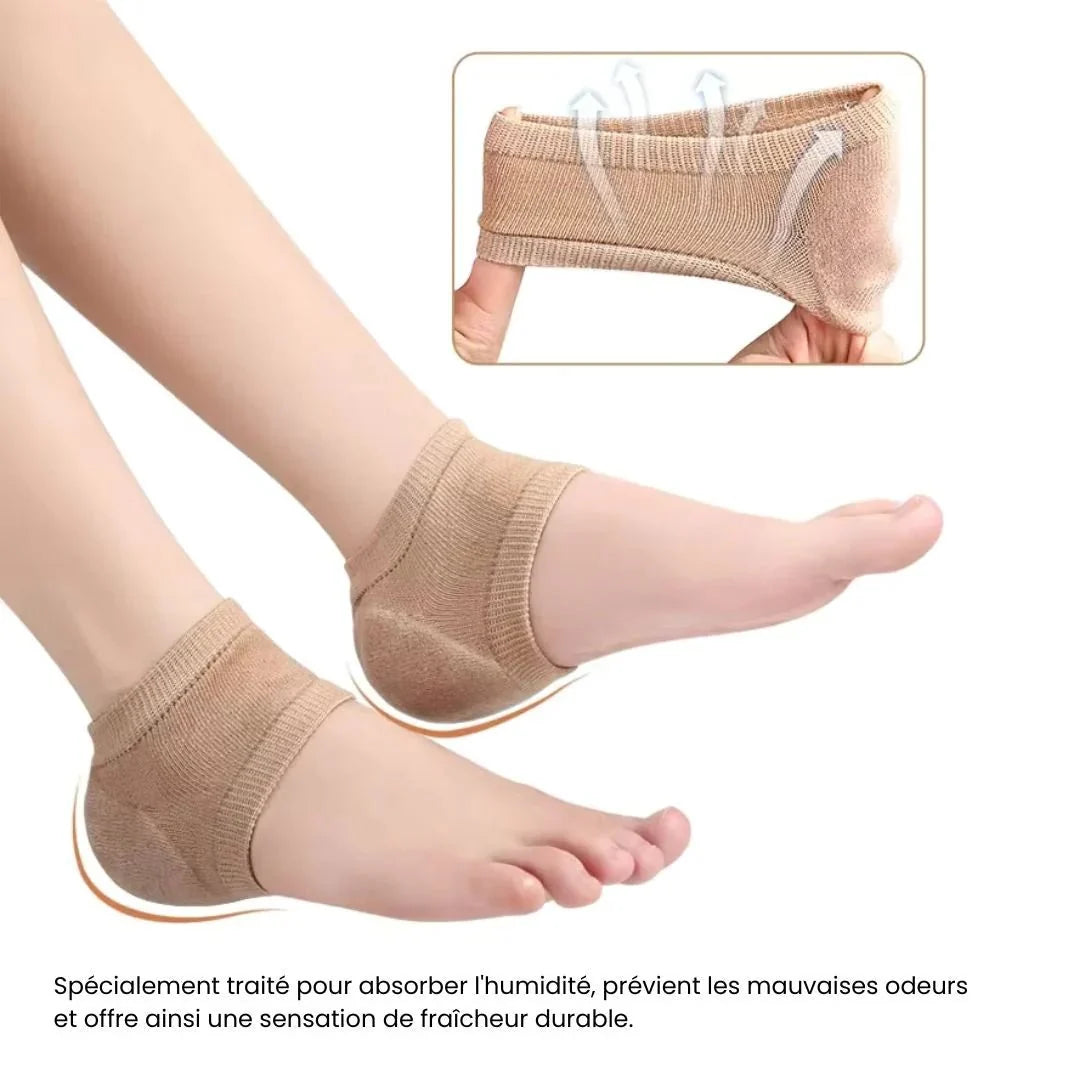 Pair of gel heel cushions placed under the heel inside any shoe