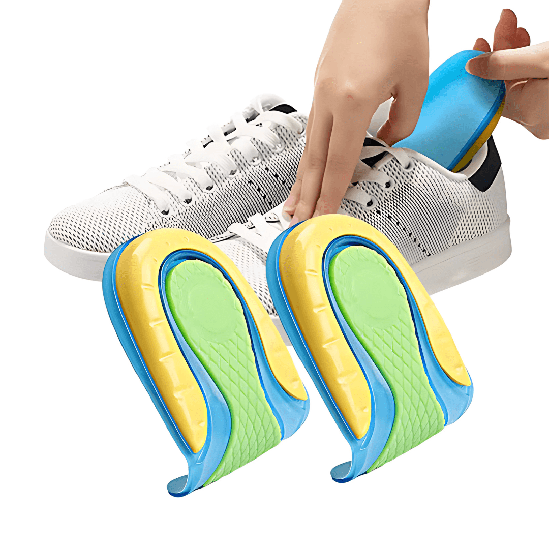Pair of U-shaped gel heel cups that cradle the heel inside any shoe