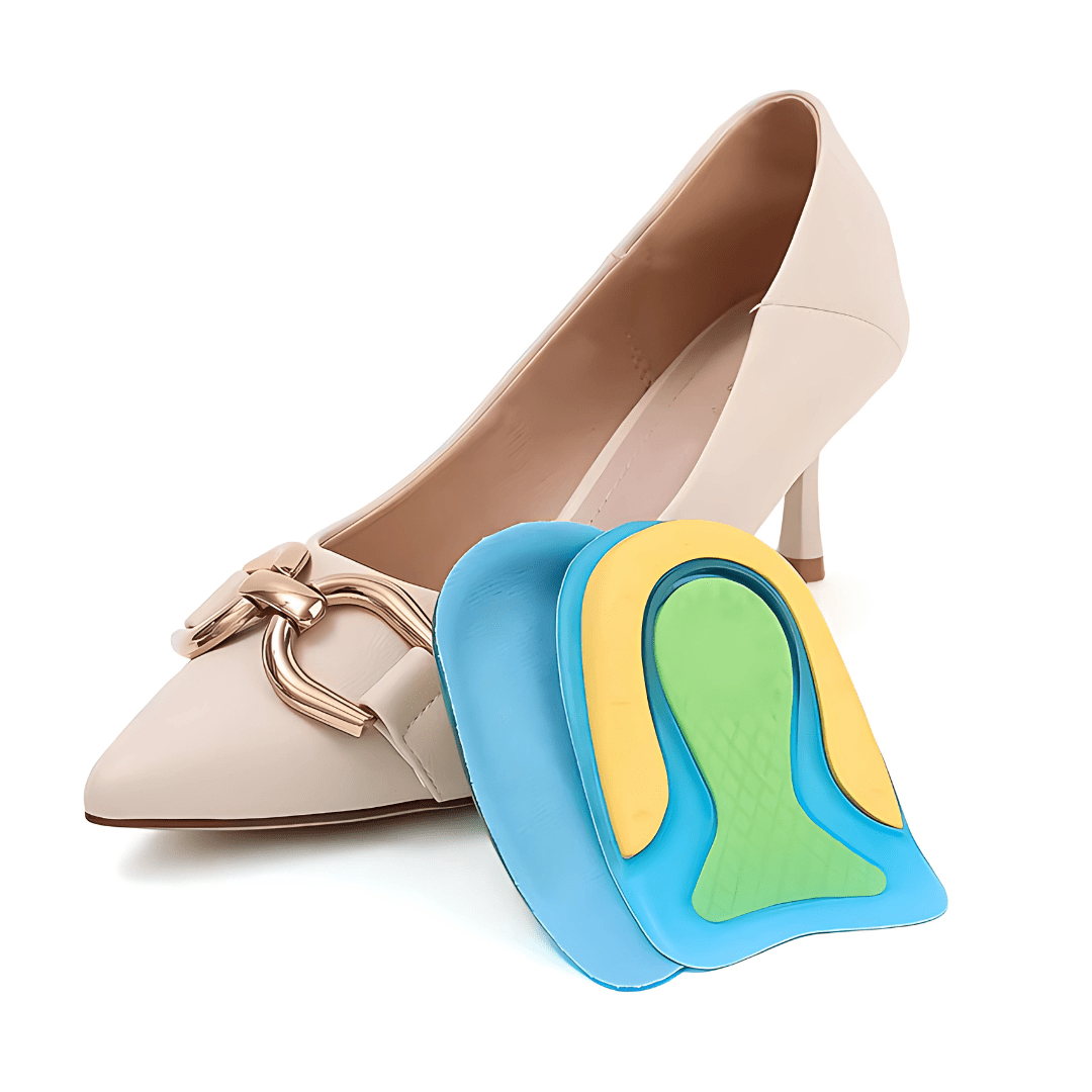 Pair of U-shaped gel heel cups that cradle the heel inside any shoe