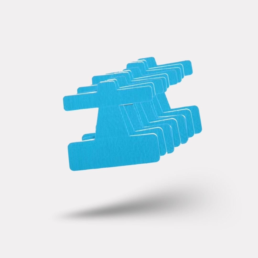 Sky blue elastic bunion tape strips applied along the side of the big toe