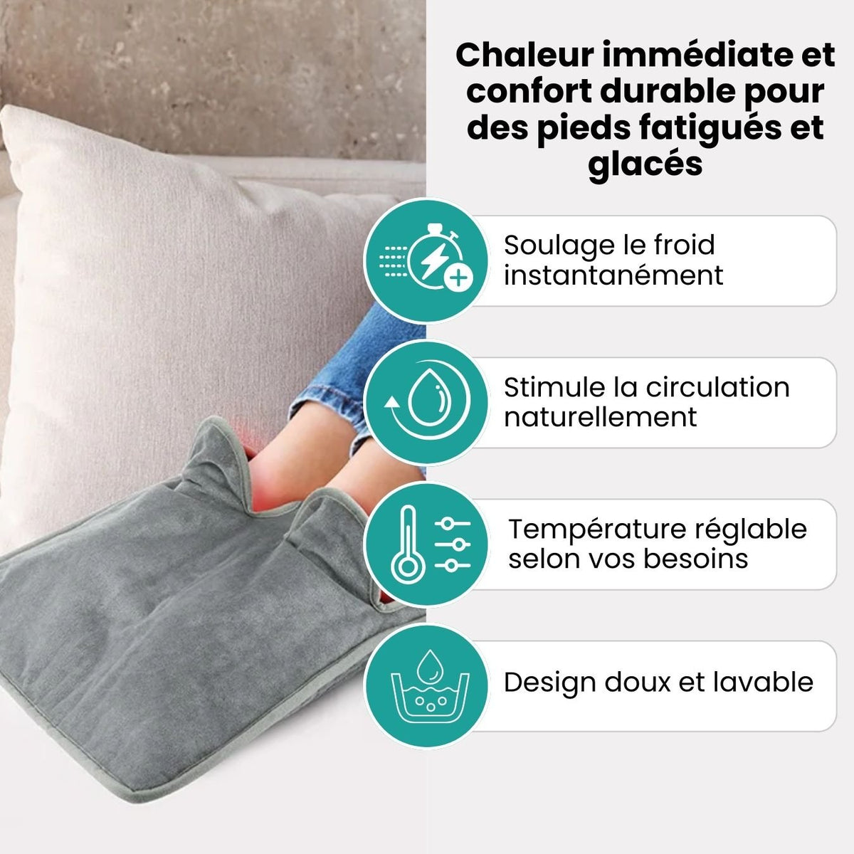 Heated foot mat with a soft top surface where both feet rest for warmth