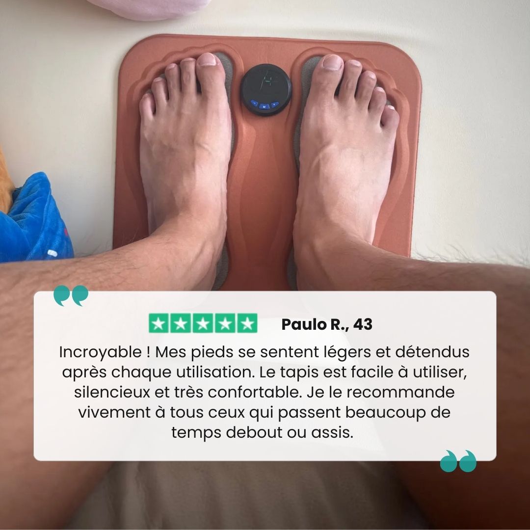 Foot massage mat covered in raised stimulation points, stood on barefoot