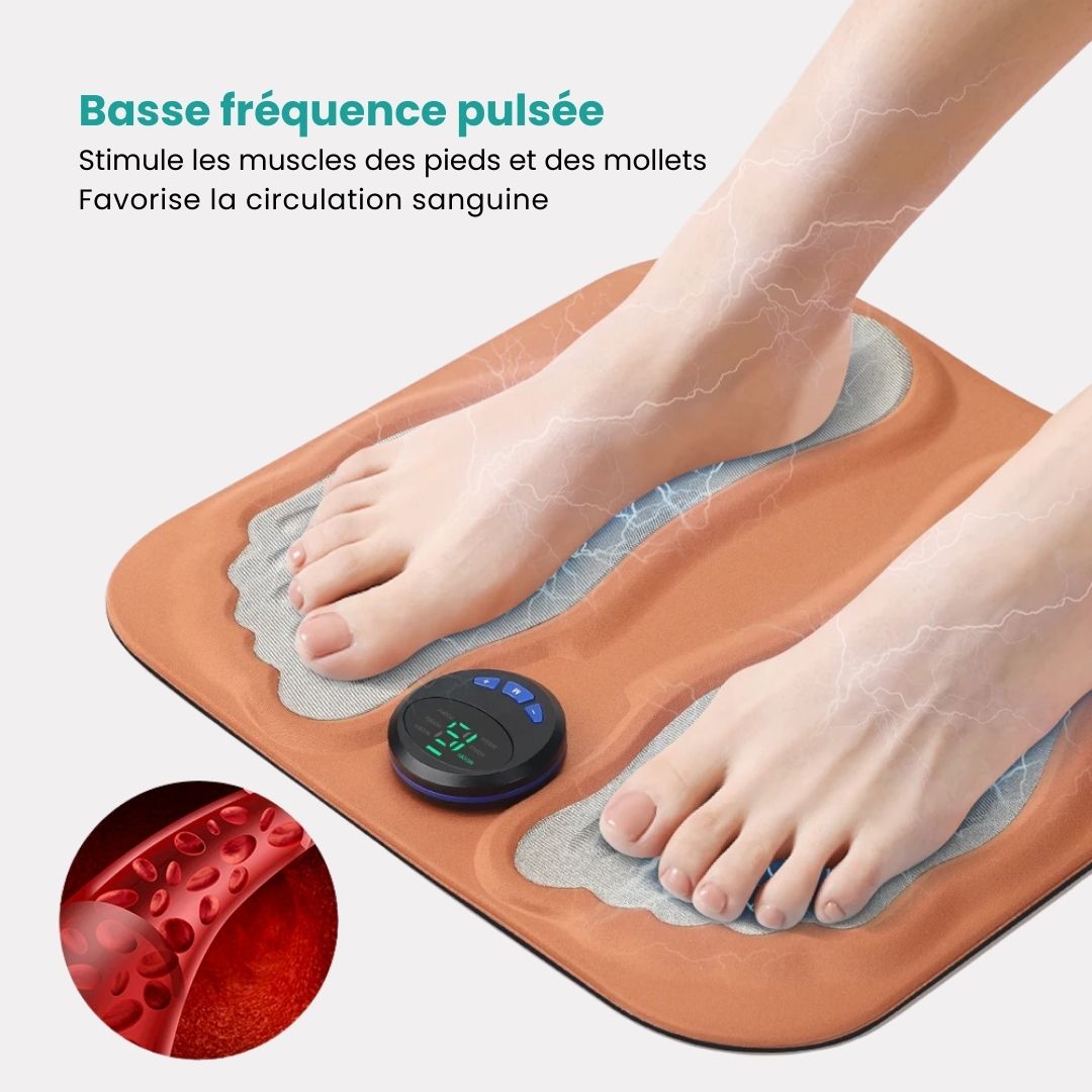 Foot massage mat covered in raised stimulation points, stood on barefoot