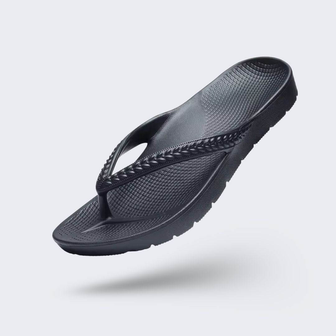 Orthopedic flip-flops with a toe post and contoured footbed, in khaki, black, navy and cream