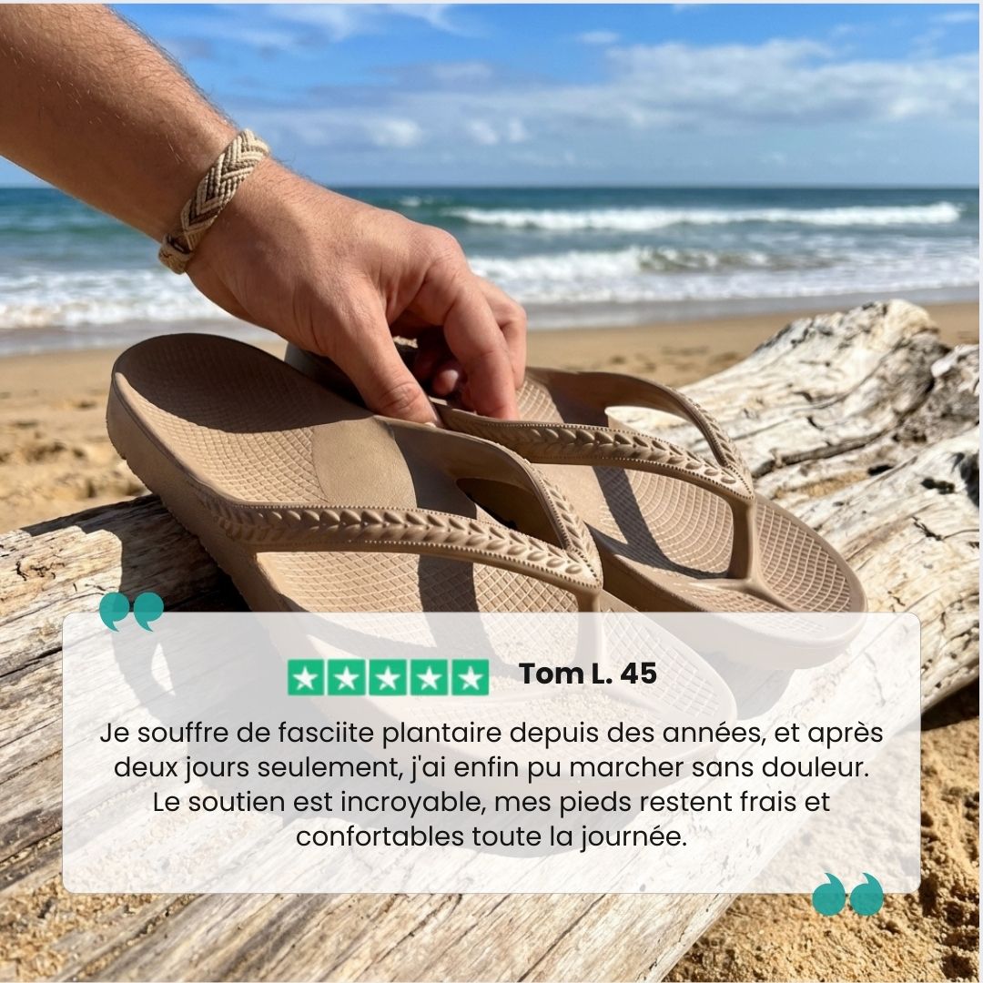 Orthopedic flip-flops with a toe post and contoured footbed, in khaki, black, navy and cream