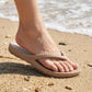 Orthopedic flip-flops with a toe post and contoured footbed, in khaki, black, navy and cream