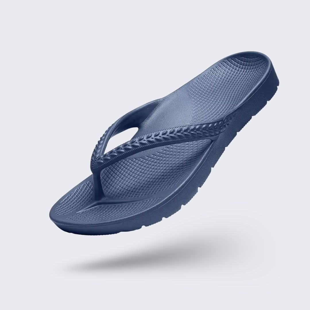 Orthopedic flip-flops with a toe post and contoured footbed, in khaki, black, navy and cream